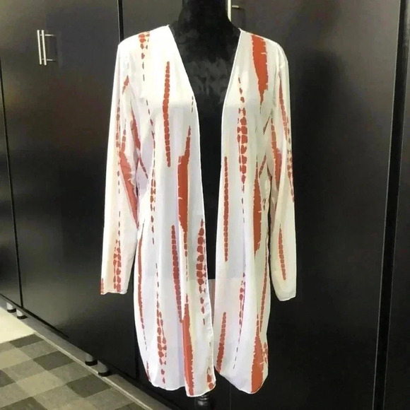 Sheer White & Rust long sleeve, midi coverup - OS (maybe M) - no tag - Picture 1 of 6